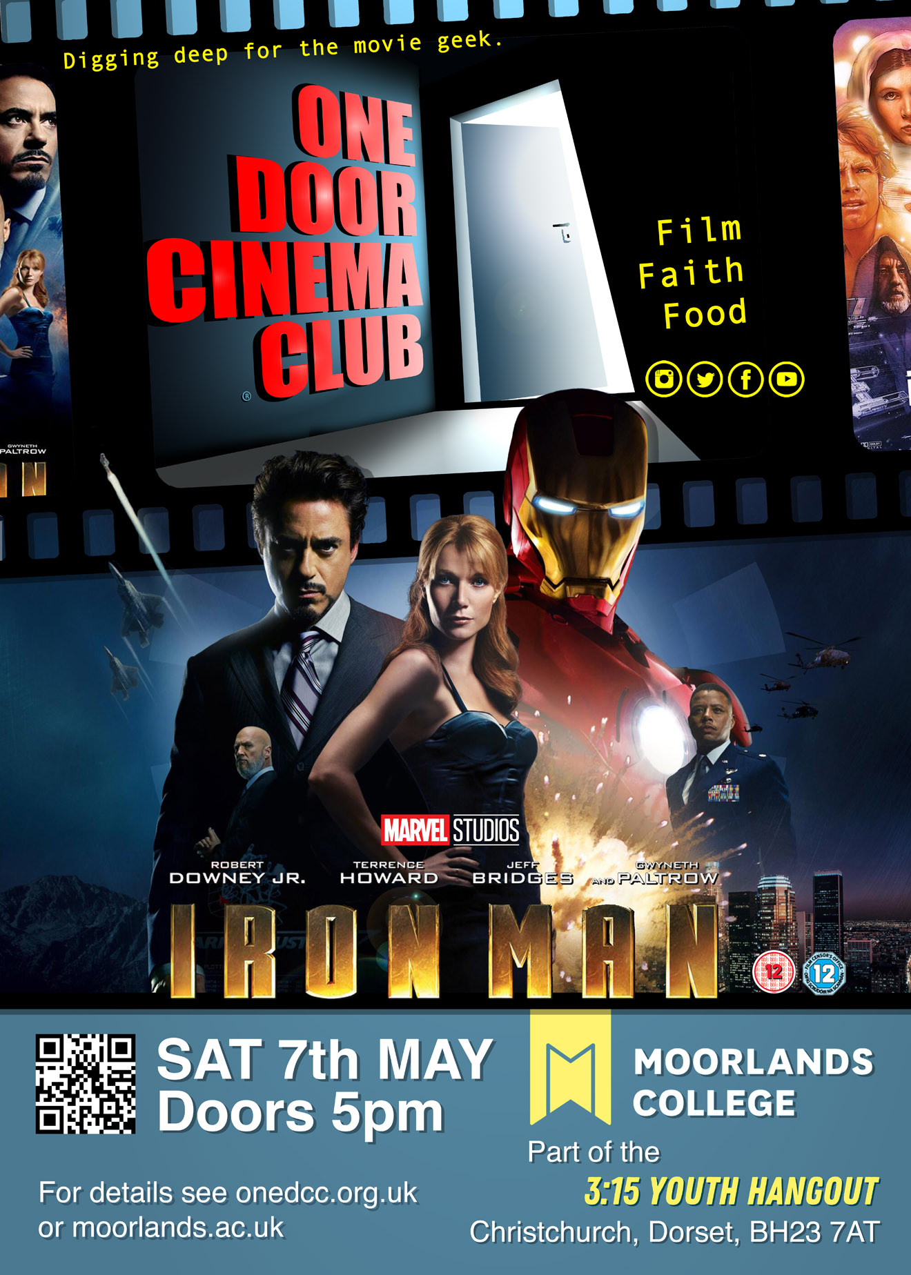 Poster of One Door Cinema Club Event presenting Iron Man at Moorlands College, Christchurch, Dorset on 07/05/2022